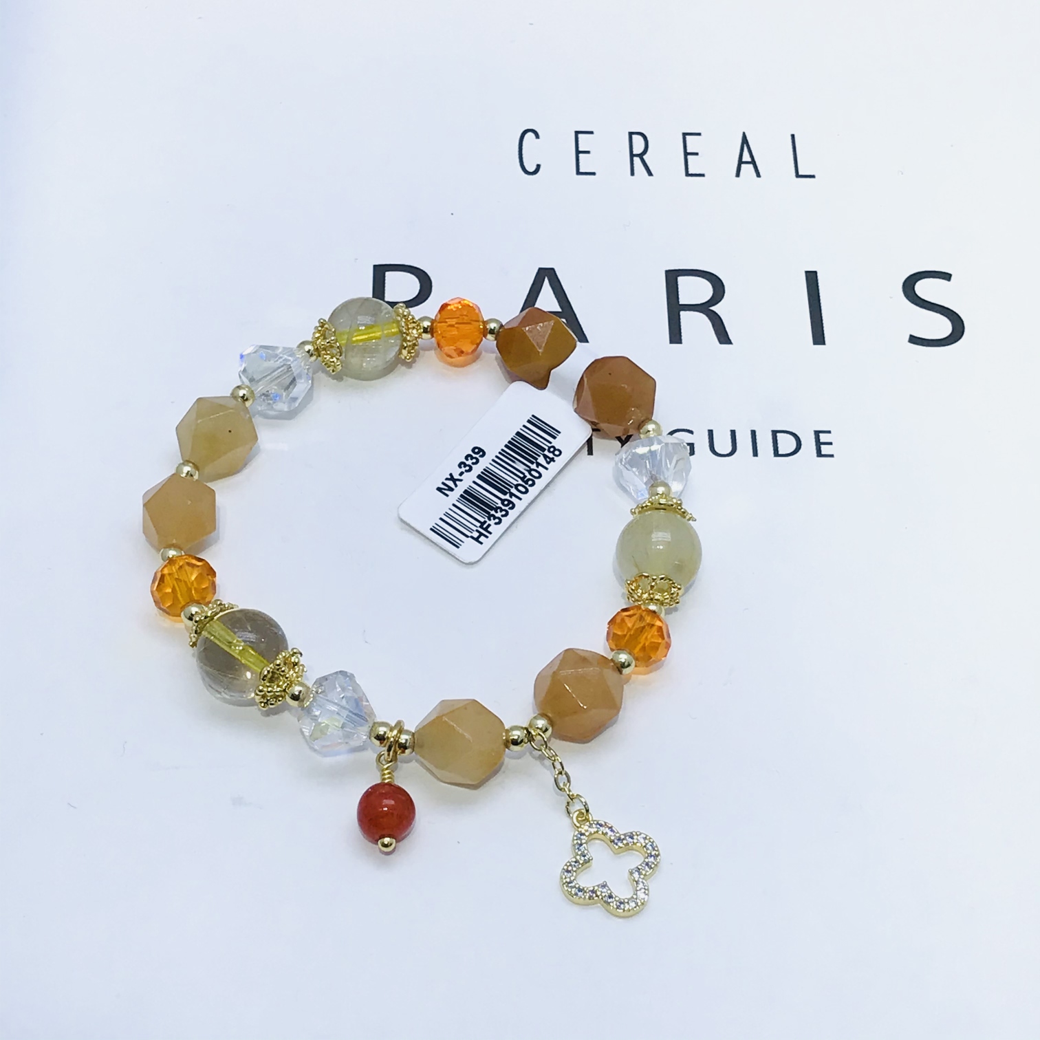 天然石金发晶 水晶手饰 四叶草吊坠 铜体镀14K真金手链  招财转运