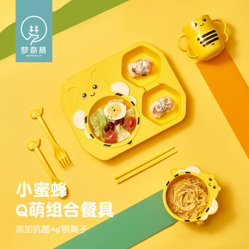 creative new bee children‘s tableware combination baby compartment plate cartoon rice bowl fork spoon kit wholesale