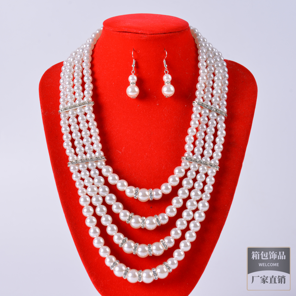 厂家现货直销 四层人造珍珠项链耳环套装 纯白珍珠系列欧美跨境款