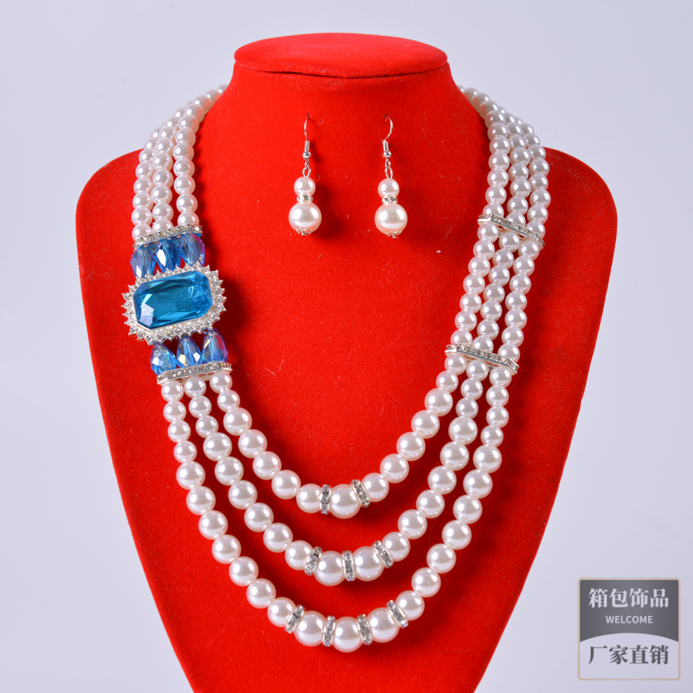 欧美跨境饰品 创意爆款三层珍珠串珠链 水晶锆石拼接项链耳环套装