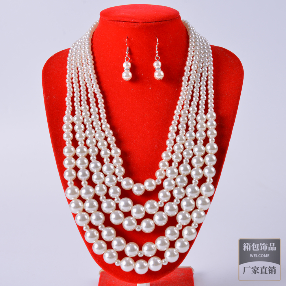 时尚大气五层欧美仿珍珠项链 跨境毛衣链时尚耳环套 项链耳环套装