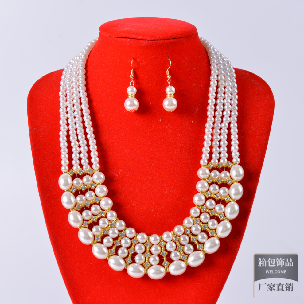 欧美多层人造珍珠锁骨项链葫芦耳环套装女名媛气质百搭毛衣链配饰