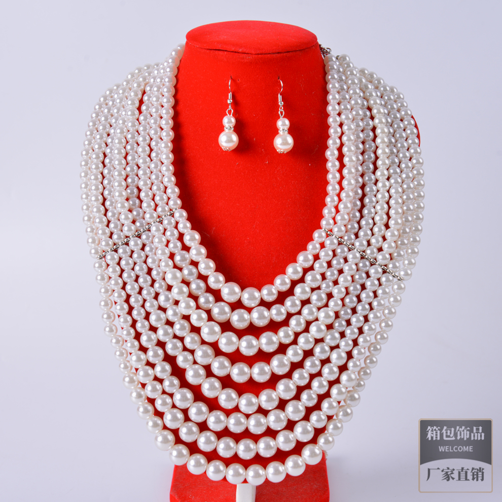 八层堆叠人造珍珠锁骨项链葫芦耳环套装女名媛气质百搭毛衣链配饰