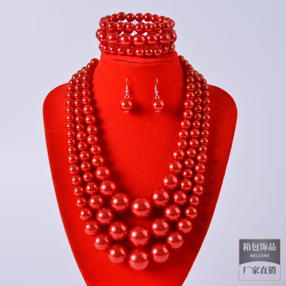 红色款跨境饰品 创意爆款三层人造珍珠珠链 拼接项链耳环手链套装