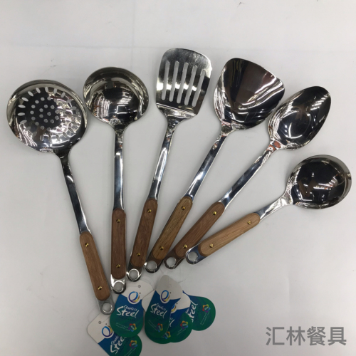 201 stainless steel kitchenware two nails round wooden handle porridge colander spatula long tongue drain short rice spoon customizable logo