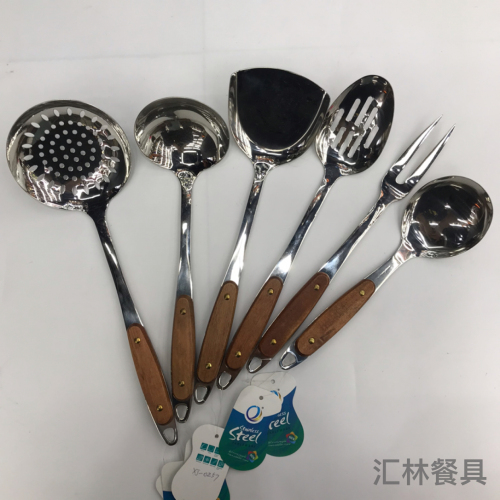201 stainless steel kitchenware two-nail tip wooden handle porridge colander spatula long tongue drain short rice spoon customizable logo