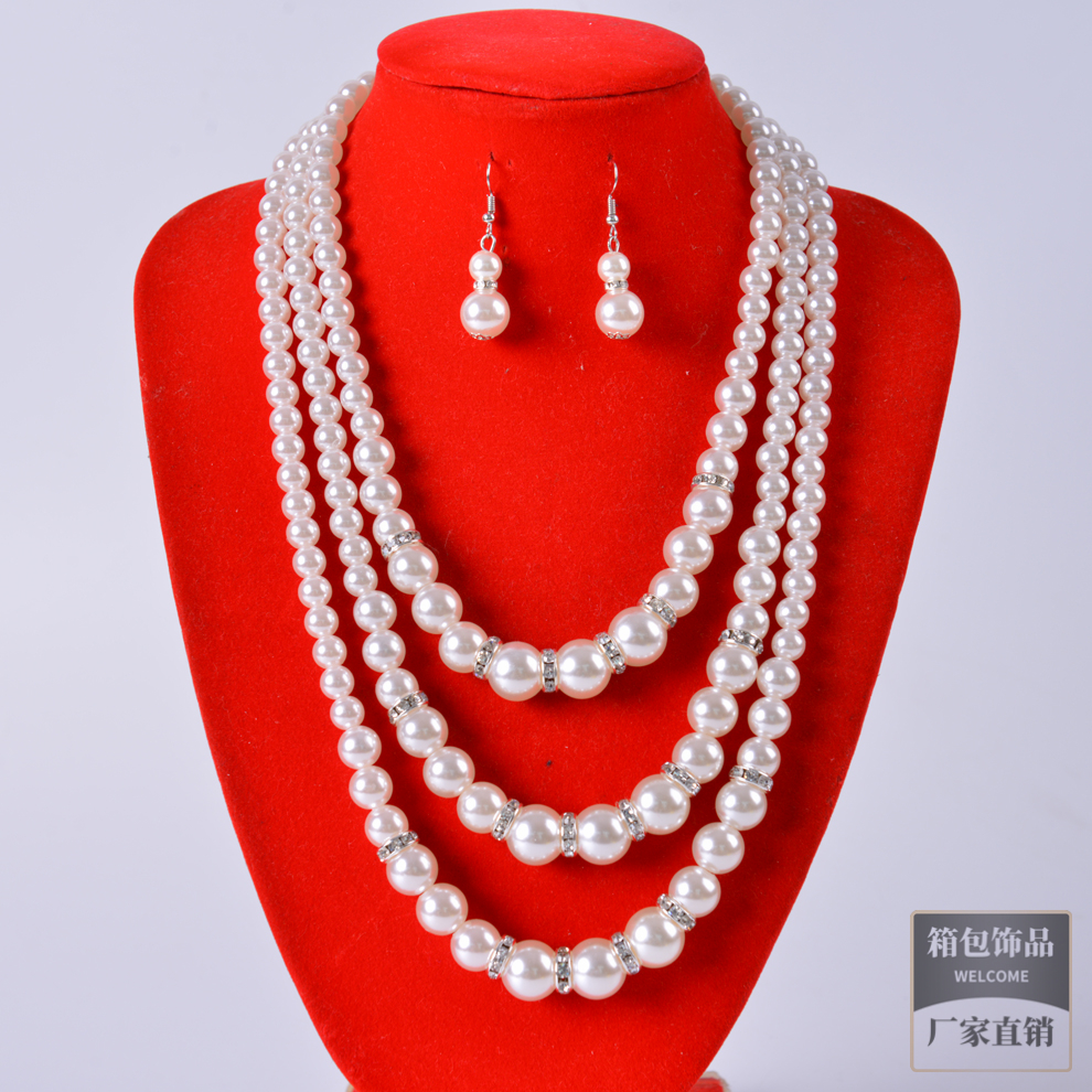 轻奢典雅三层人造珍珠串珠链大小颗粒拼接项链葫芦形珍珠耳环套装