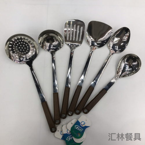 201 stainless steel kitchenware round head wood grain porridge colander spatula long tongue drain short rice spoon customizable logo