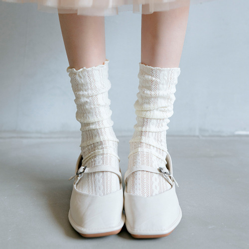 Socks Women‘s Mid-Calf Length Socks Pure Cotton Velvet Summer Thin Pile Socks Japanese Hollow Fairy Socks All-Match Stockings 