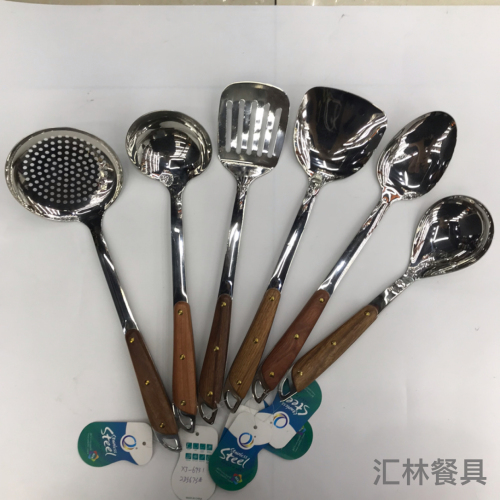 201 stainless steel kitchenware three-nail oblique wooden handle porridge colander spatula long tongue drain short rice spoon customizable logo