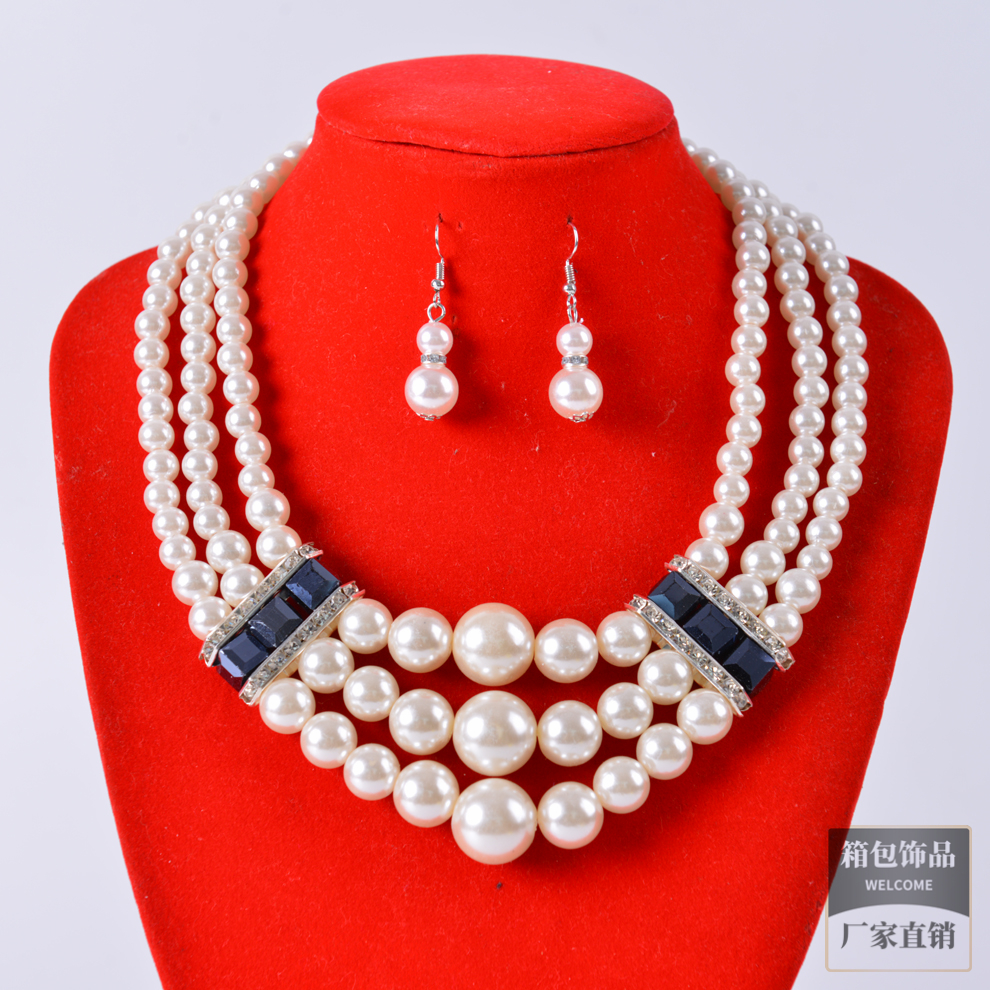 多色可选三层珍珠串珠链 水晶锆石拼接项链耳环套装 欧美跨境饰品