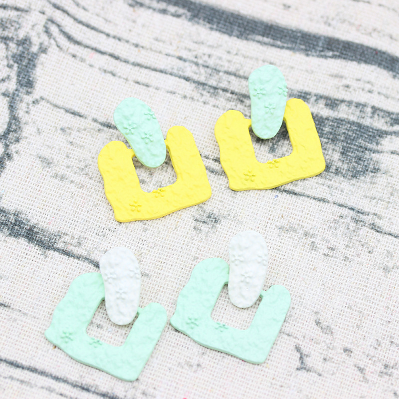 韩国s925银针耳饰夏天彩色撞色耳钉法式莫兰迪方形浮雕喷漆耳环女