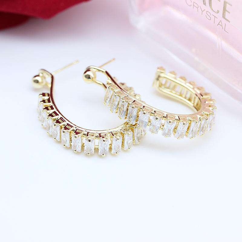 韩国东大门真金电镀925银针耳饰显瘦冷淡风耳环锆石椭圆C形耳圈女