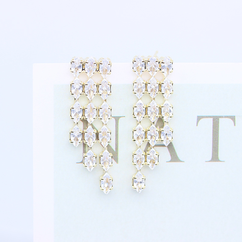 韩国s925银针耳饰批发2021新款闪亮对称马眼耳坠垂帘流苏锆石耳环