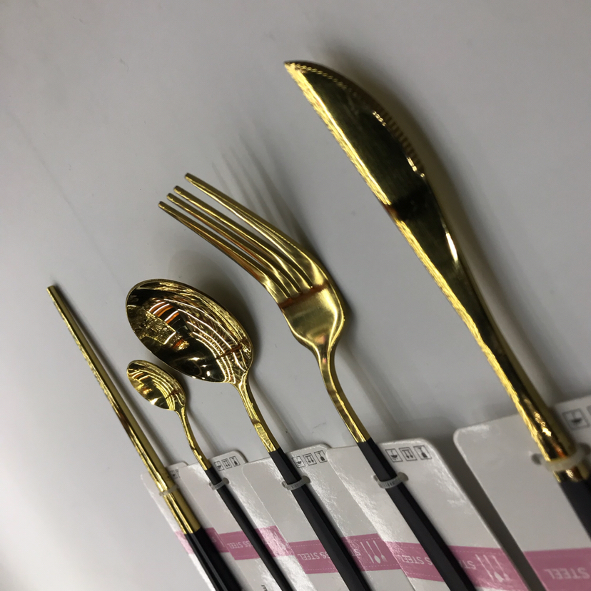 不锈钢西餐具镀钛金喷漆平面葡萄牙刀叉勺子筷子五件套酒店用品详情2