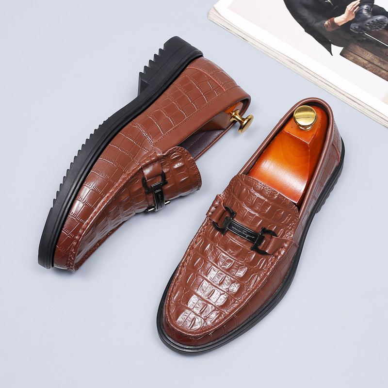 潮流皮鞋男夏季牛皮透气男士休闲鞋韩版鳄鱼纹一脚蹬软底豆豆鞋子