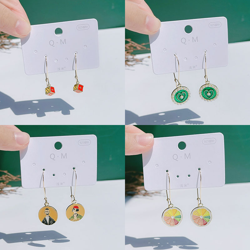 时尚画油耳环中长款耳钩珍珠人面设计骰子民族风彩色中国风柠檬女