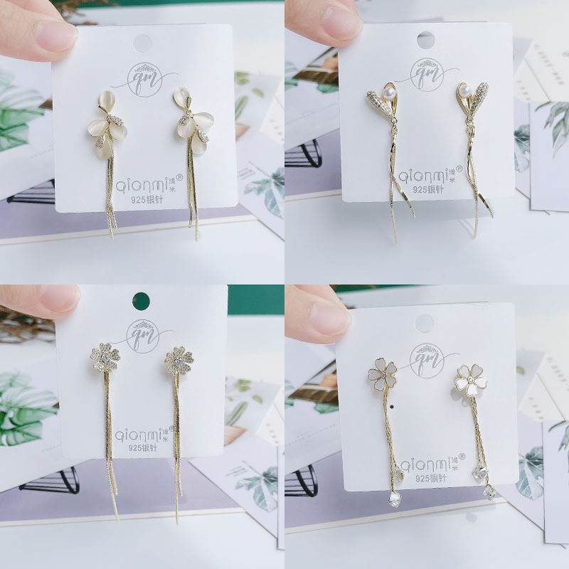 猫眼锆石银针耳环长款耳钩小花气质设计流苏民族风淑女中国风两戴