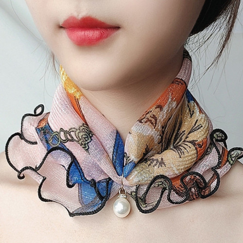 printed cute decorative scarf small silk scarf spring and summer lace thin pendant silk scarf pearl scarf