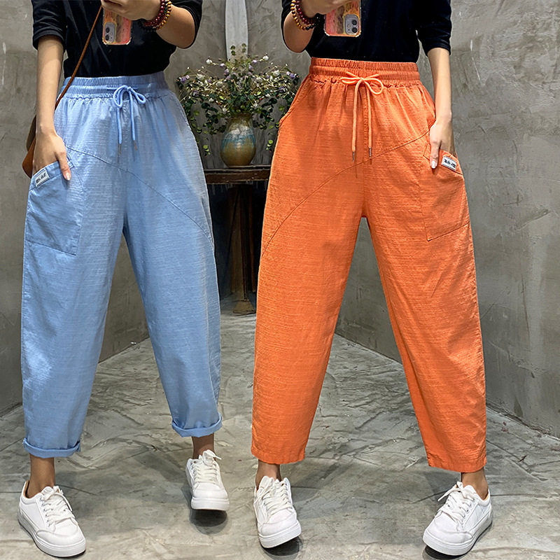 水洗棉麻裤子女夏薄款哈伦裤宽松大码女裤凤竹麻八分休闲萝卜裤