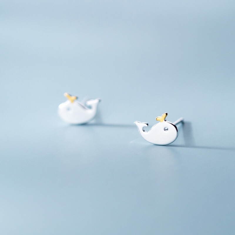 s925银女日韩风可爱小巧海豚耳钉清新小鲸鱼形状耳钉