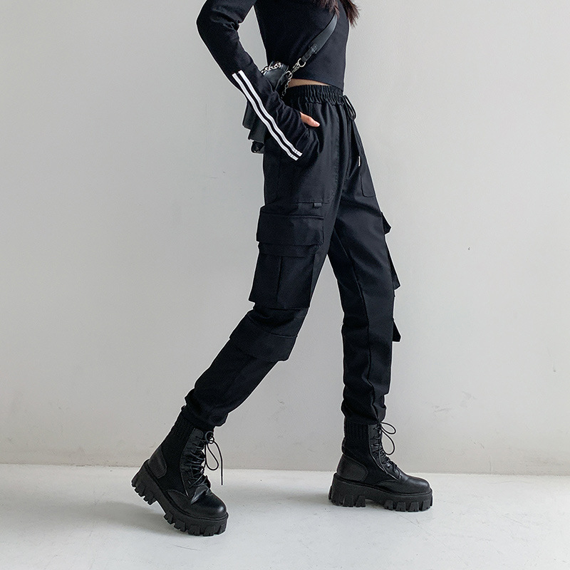网红工装裤女夏季2021新款束脚显瘦高腰裤子系带嘻哈运动休闲裤子