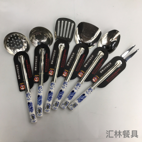 stainless steel kitchenware 1.5cm non-magnetic blue and white porcelain handle anti-scald porridge colander spatula flat shovel long tongue spoon can be customized