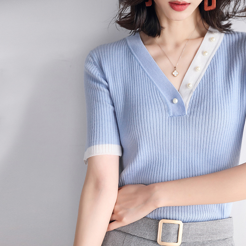 乐天专供新款夏季短款天丝针织衫女薄款弹力订珠针织短袖上衣套头