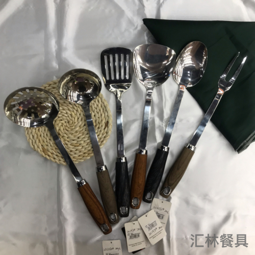 [huilin] stainless steel kitchenware 3cm rosewood grain handle porridge colander spatula flat shovel leaking long tongue spoon hotel
