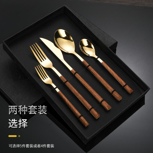 wood grain square handle stainless steel tableware four-piece gift box set creative japanese western food knife， fork and spoon cross-border e-commerce