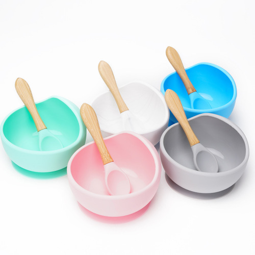 Baby Silicone Sucker Bowl Baby Edible Silicon Plate Integrated Drop-Resistant Children‘s Plate with Spoon Set