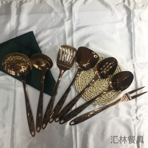 stainless steel kitchenware rose gold with handle laser porridge colander spatula flat shovel long tongue leaking meat fork can be customized