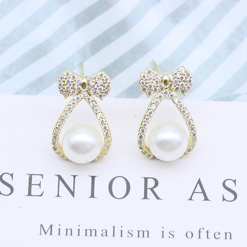 韩国东大门s925银针耳饰蝴蝶结珍珠耳钉新款水滴形微镶锆石耳环女