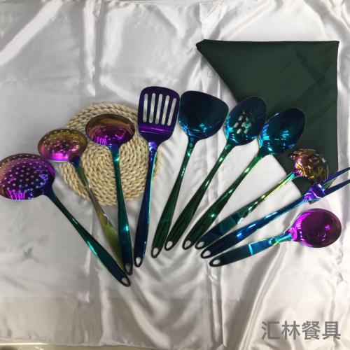 stainless steel kitchenware colorful porridge with handle colander spatula flat shovel long tongue leaking meat fork can be customized