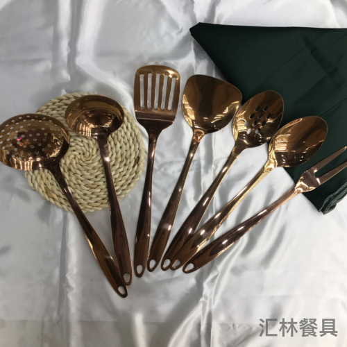 stainless steel kitchenware rose gold with handle porridge colander spatula flat shovel long tongue leaking meat fork can be customized