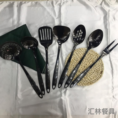 stainless steel kitchenware titanium black with handle laser porridge colander spatula flat shovel long tongue leaking meat fork can be customized