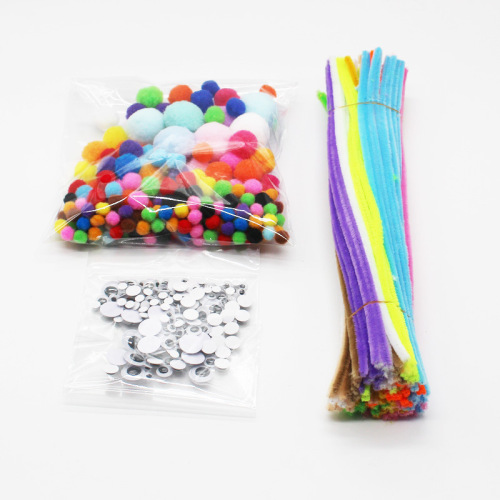 DIY Wool Ball Twist Stick Material Package Kindergarten Handmade Wool Tops Plastic Moving Eyes Set in Stock Wholesale