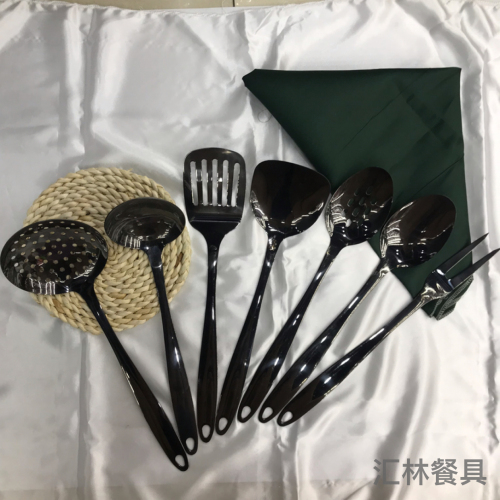 [huilin] stainless steel kitchenware titanium black porridge with handle colander spatula flat shovel long tongue leaking meat fork can be customized