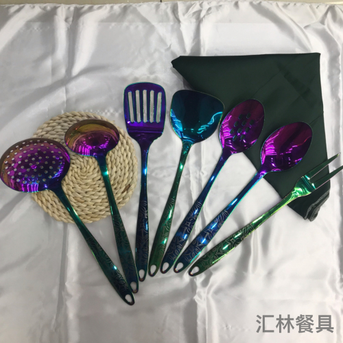 stainless steel kitchenware colorful laser porridge with handle colander spatula flat shovel long tongue leaking meat fork can be customized