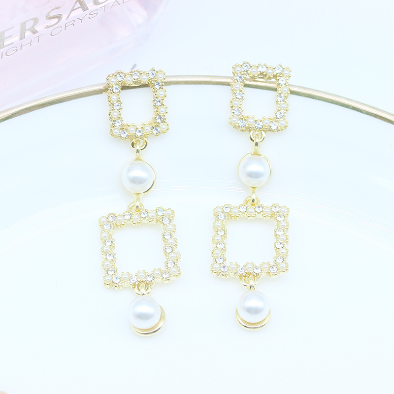 韩国东大门耳饰长串几何圆圈长方形耳坠圆脸显瘦长款镶钻珍珠耳环