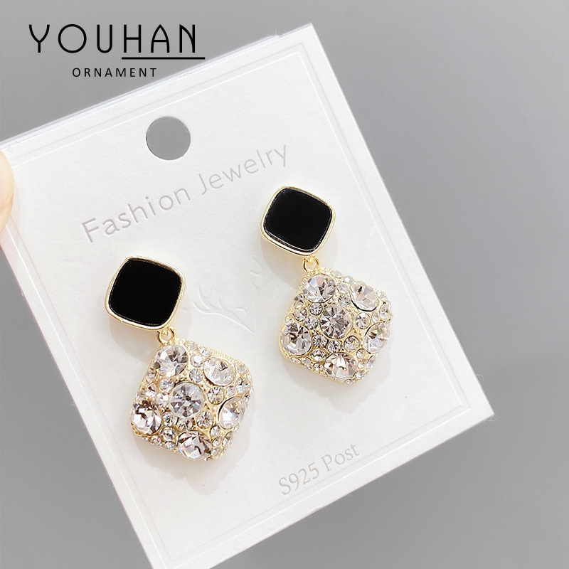 复古港风S925银针耳钉女微镶锆石菱形耳环抖音直播同款耳饰饰品