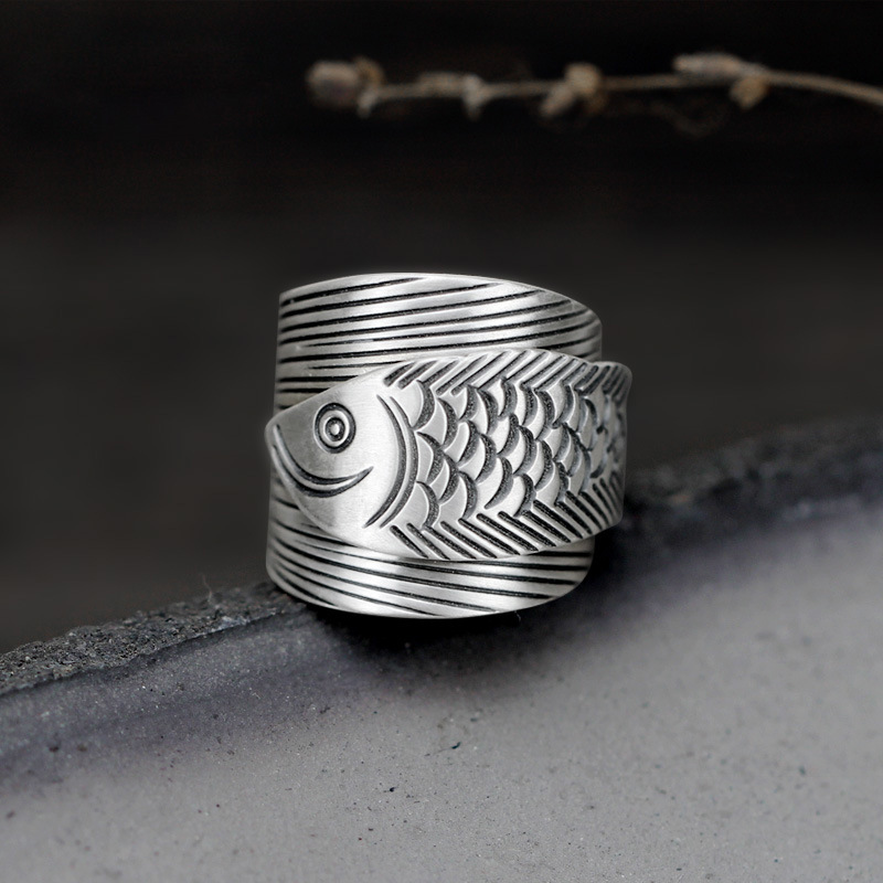 999纯银鱼跃图腾戒指泰银简约时尚设计男女对戒食指开口情侣礼物