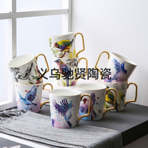 Bird Language and Flower Fragrance Animal Large Capacity Mug Creative Water Cup Couple Afternoon Tea Cup Hand Painting Gold Ceramic Cup
