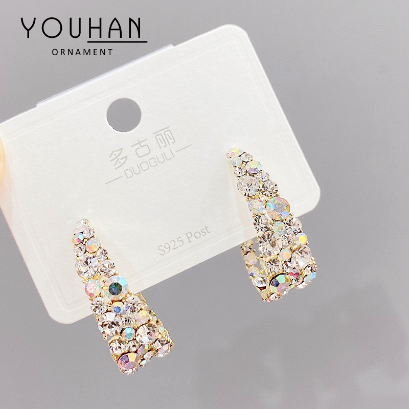 S925银针复古港风彩色水晶耳钉女C形耳环抖音直播同款耳饰饰品