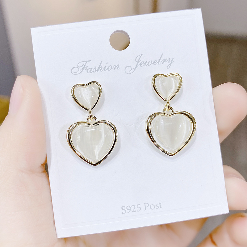 925银针猫眼石爱心耳钉韩系小清新少女耳钉小巧桃心耳环女饰品女