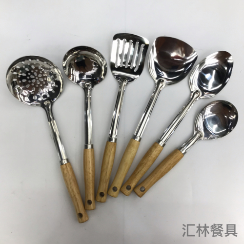 stainless steel kitchenware 1.2cm solid wood round handle porridge colander spatula flat shovel long tongue drain spoon short rice spoon customizable