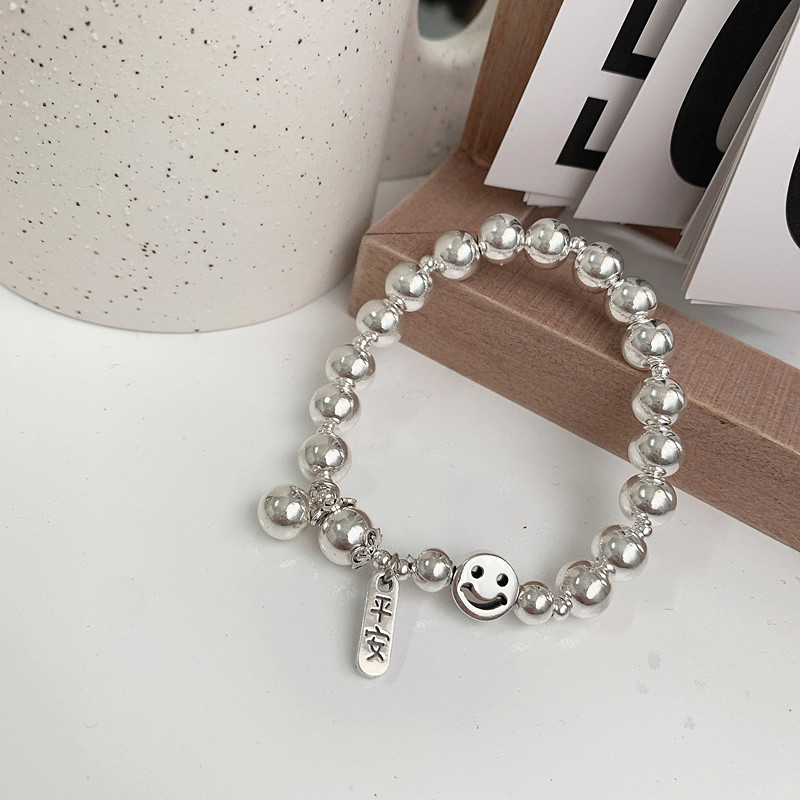 韩国东大门925银笑脸手链ins潮嘻哈个性圆珠弹力银珠子手串手饰