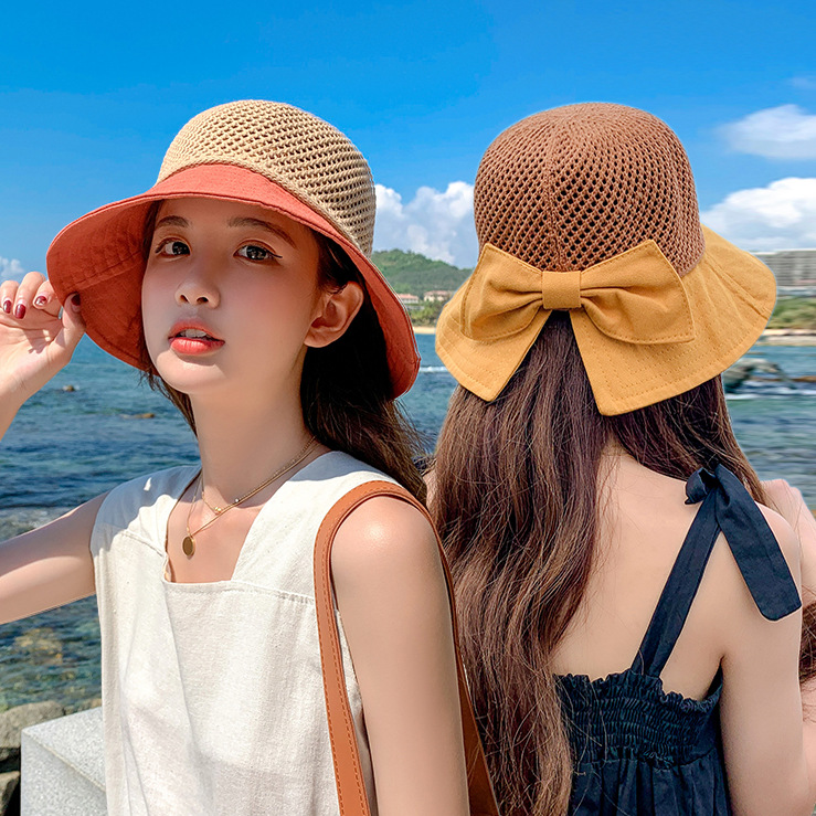 遮阳帽女夏天可折叠小沿防晒帽网眼渔夫帽太阳帽镂空沙滩编织草帽