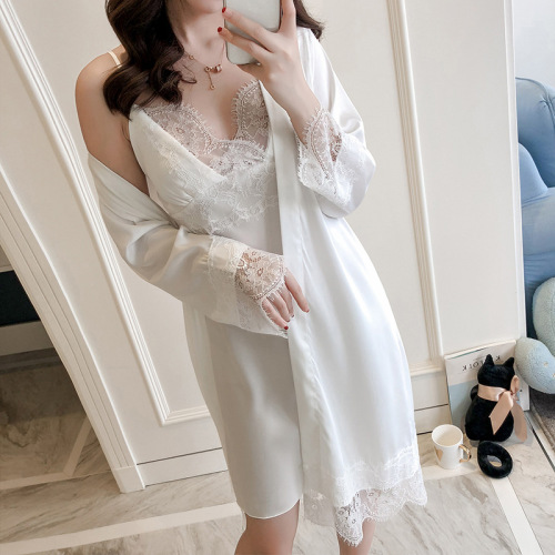 Spring and Summer New Artificial Silk Women‘s Pajamas Silk Skirt with Shoulder-Straps Two-Piece Pajamas Simple Natural Casual Homewear