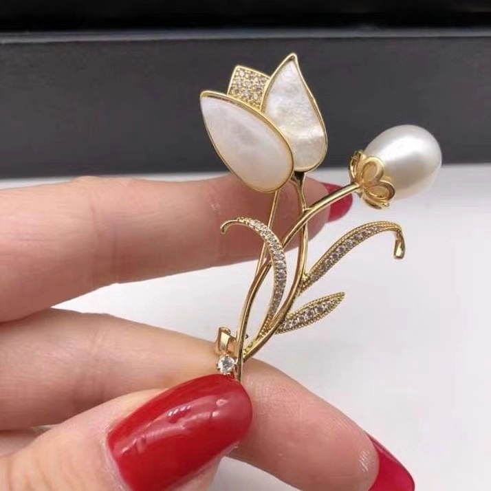 DIY配件 郁金香高档贝壳花朵珍珠胸针女韩国大气胸花防走光别针扣